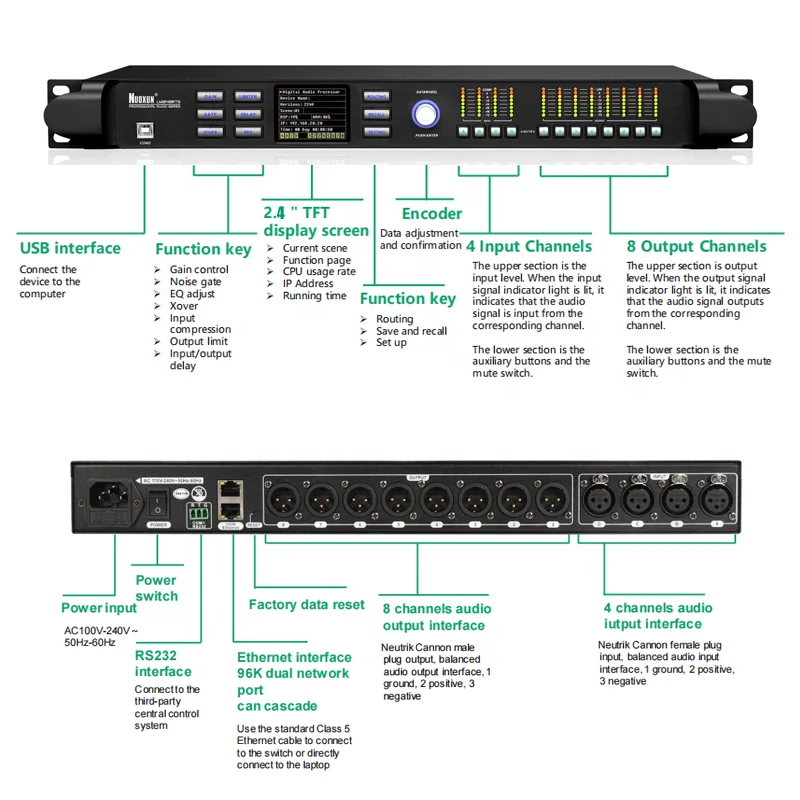 powerful subwoofer DJ bass speaker amplifier audio processor 4in 8 out speaker management system