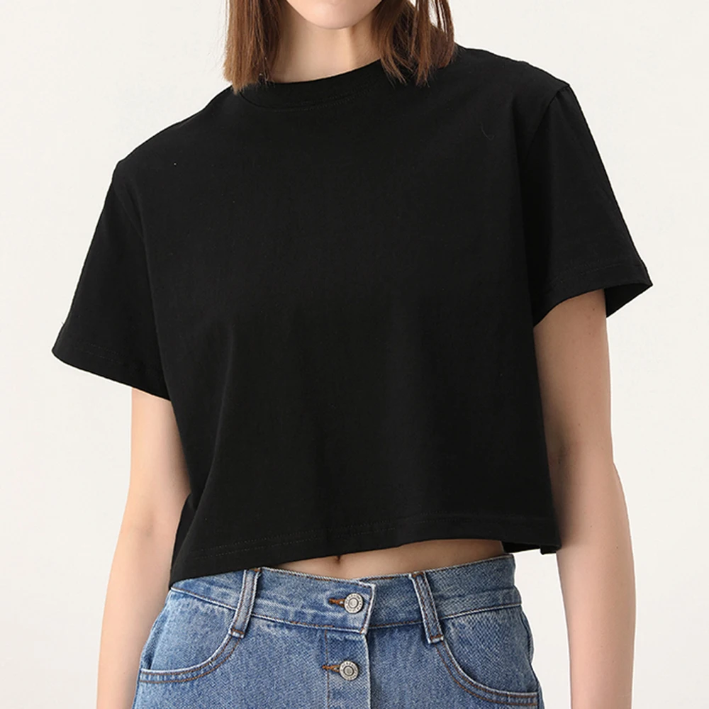 Summer 100%  Cotton Sexy Casual Acid Wash Retro Embroidery Print Short Navel Cropped Crop Tops For Women Crop Top T-Shirt