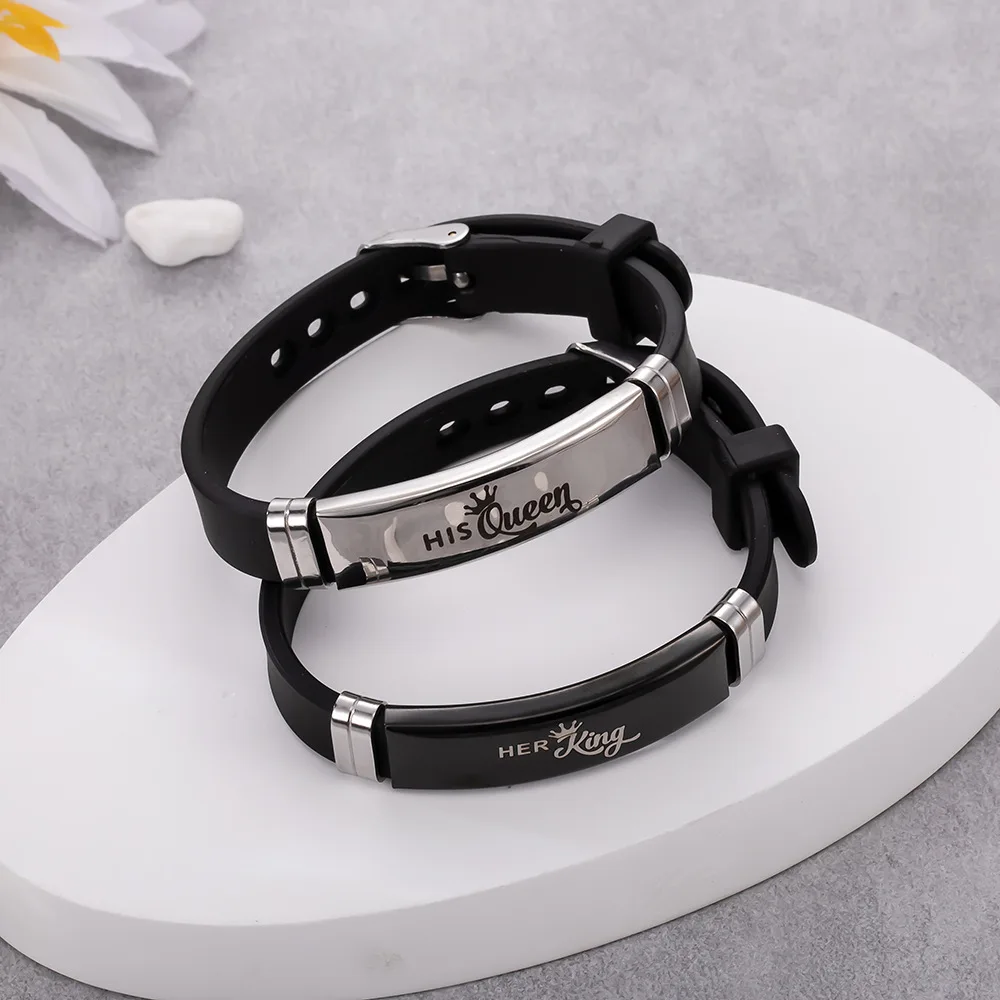 Simple Classic Stainless Steel Set Hand Jewelry Queen King Crown Pattern Personalized Couple Adjustable Silicone Bracelet