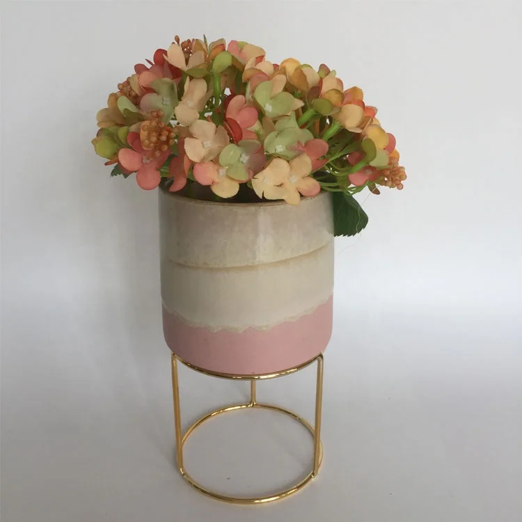 Wholesale Metal Stand Glazed Pink Flower Vases Stoneware Porcelain Ceramic Planter Flower Succulent Cactus Vase Pots