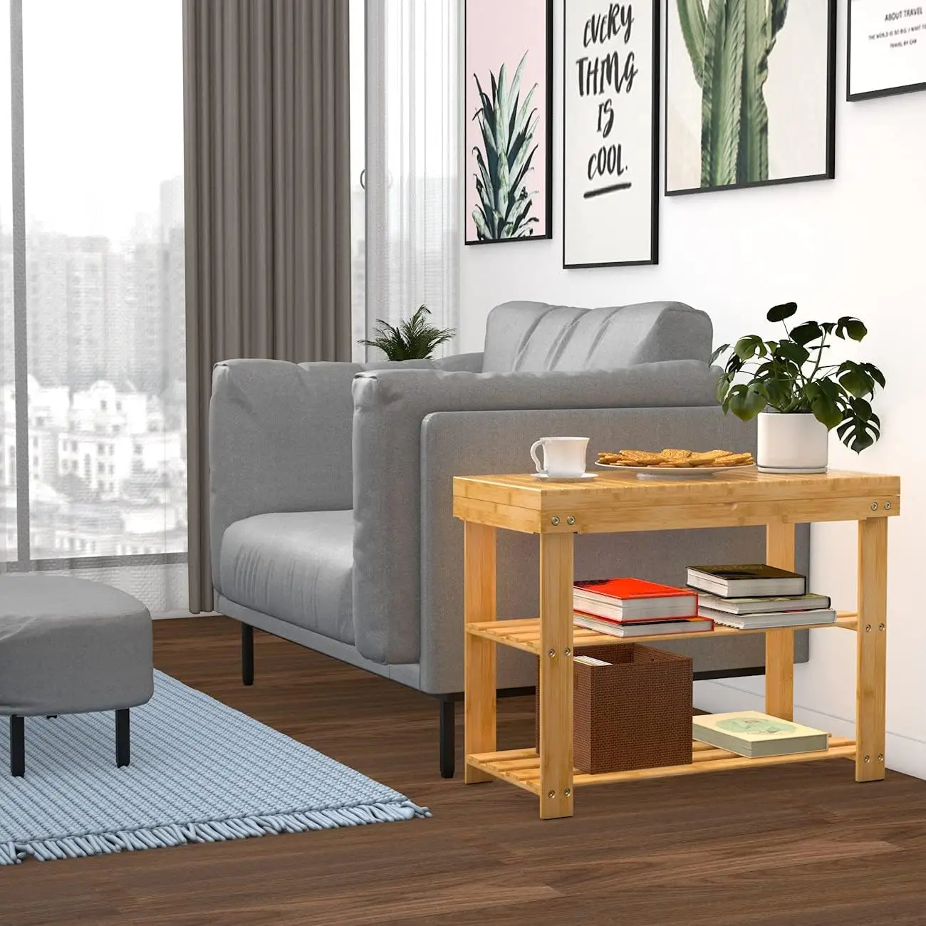Modern Bamboo Wood Bench with Shoe Rack and Storage Shelf Indoor-Outdoor Entryway Organizer for Living Room Small Space Use
