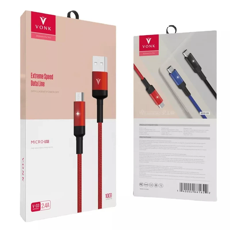 Wholesale USB charging cable V03 fast charge data cables 2.4A Led APO(Automatic Power Off) phone charger usb