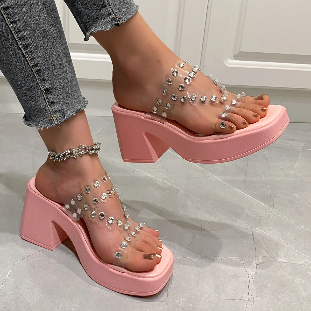 Liu Ming New Arrivals Wholesale 2024 Designer Women Beach Platform Wedges Crystal High Heels Shoes Sandals