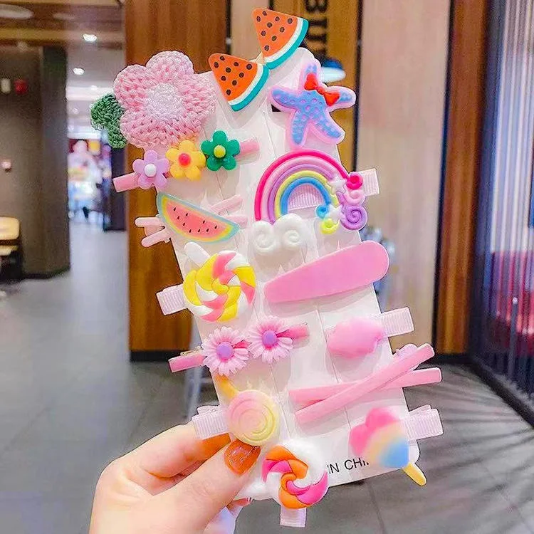 14 Pieces/Set Of Sweet Children Cartoon Hair Clips Rainbow Cloud Lollipop Flower Heart Shaped Hair Clip Set