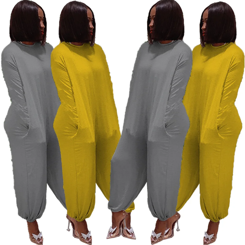J&H fashion wholesale 2XL plus size clothing women jumpsuit loose cotton fabric long sleeve pants overalls leisure wear