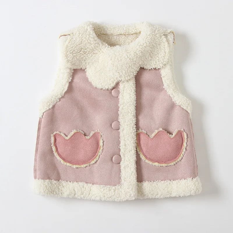 
Winter Kids Windproof Coat Baby Girls Suede Vest Toddler Vintage Warn Fleece Waistcoat With pockets 