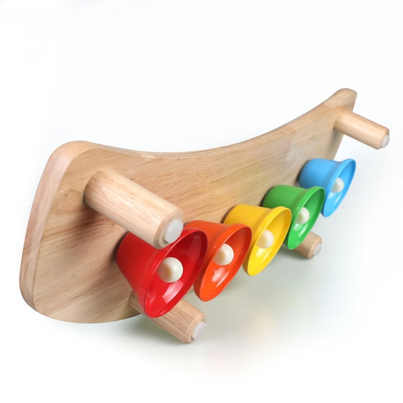 Hot Selling Kids Wooden Music Educational Toys Bells Percussion 5-Tone Bell With Wood Metal Bells Wholesale
