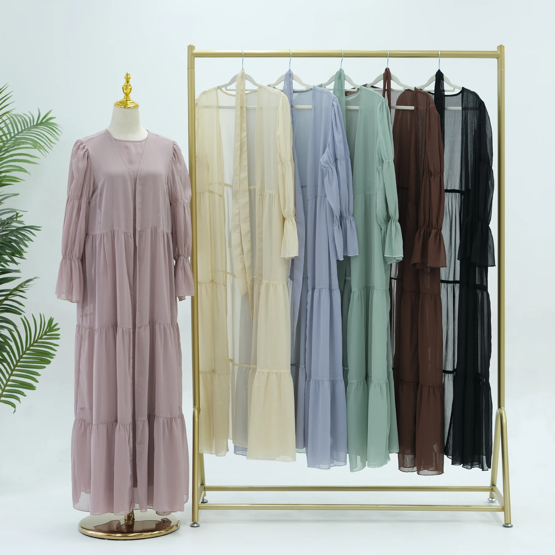 Wholesale Loriya Womens Dresses Islamic Clothing Solid Color Chiffon 2 Piece Abaya Set Long Sleeve Dress and Front Open Abaya