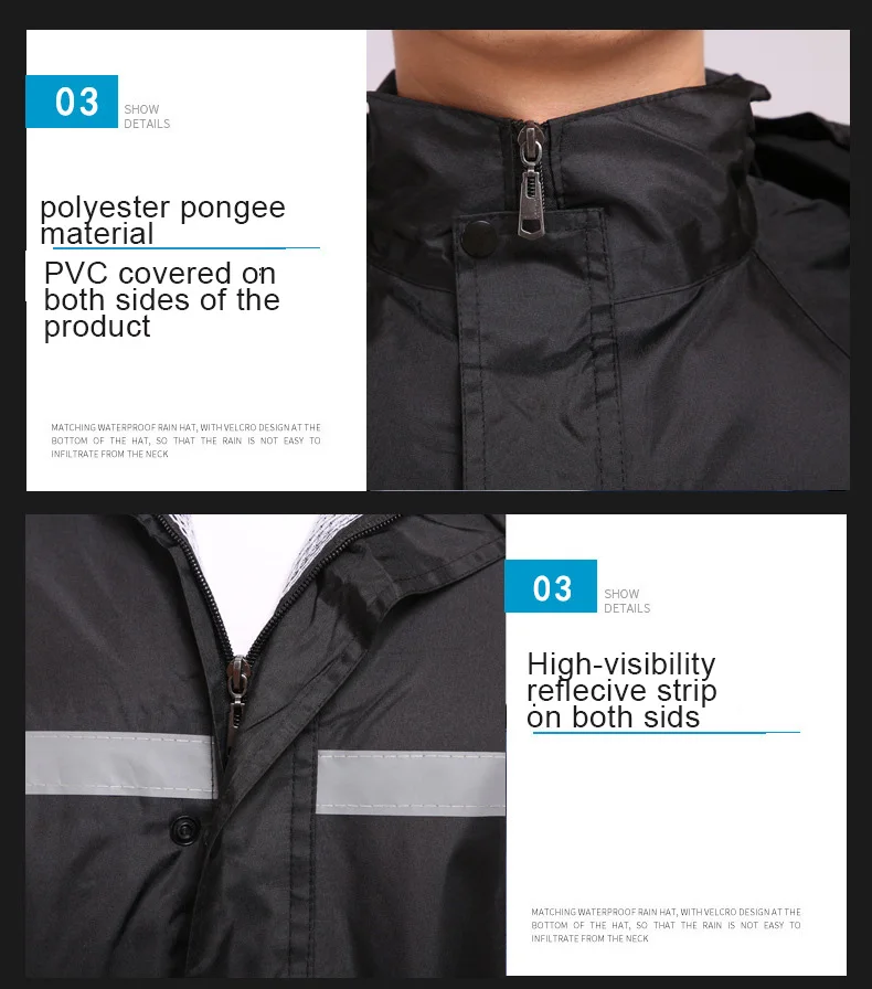 High Quality Polyester Pongee Packable Rain Jacket Waterproof Poncho Motorcycle Reflective