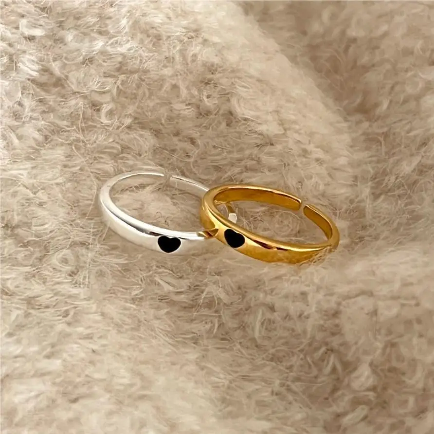 Wedding Mini Black Epoxy Heart 925 Sterling Silver Adjustable Ring
