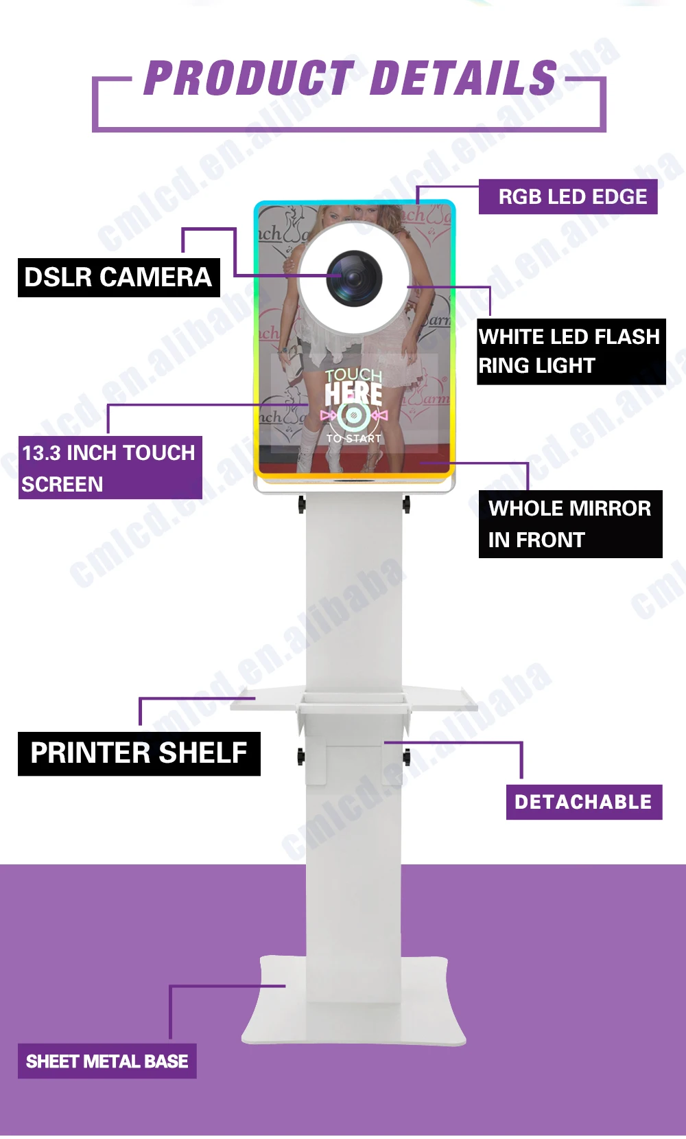 Prefect mini mirror light weight aluminum shell easy assembly touch screen display dslr flash photo booth with printer stand