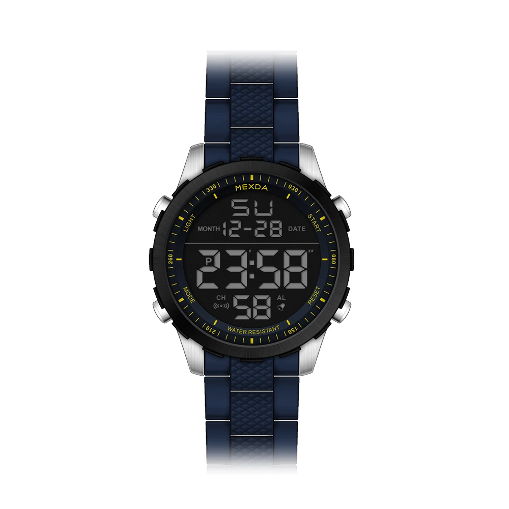 Mexda Fashion Digital Watches for Men Chronograph Watches Stainless Steel Case Silicon Strap Oem Custom Logo Montre Homme