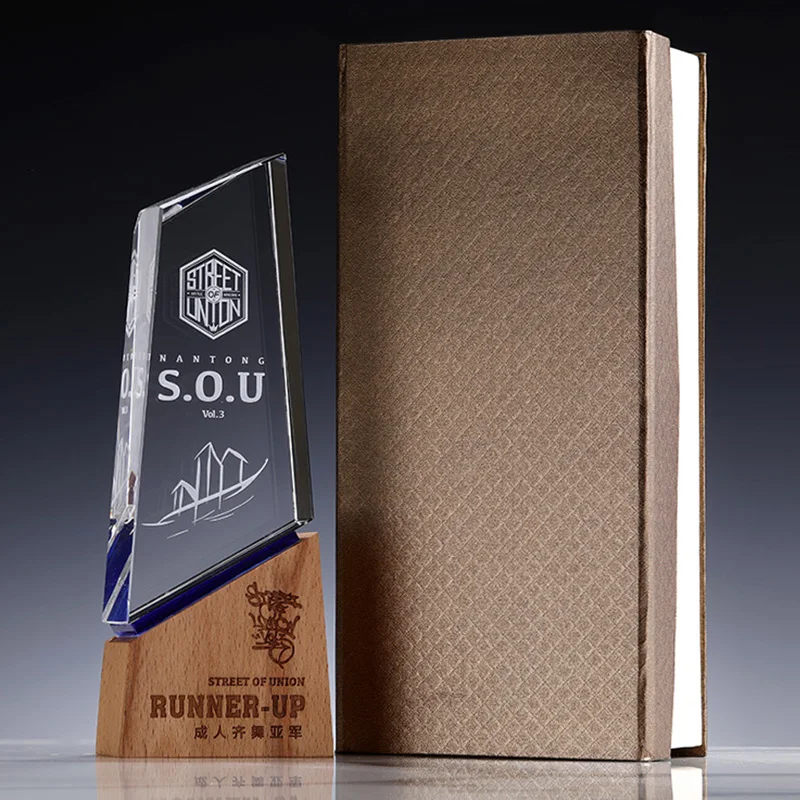 custom logo  K9 Crystal  Metal Material  souvenir  Conference trophy Solid wood crystal trophy crystal trophy