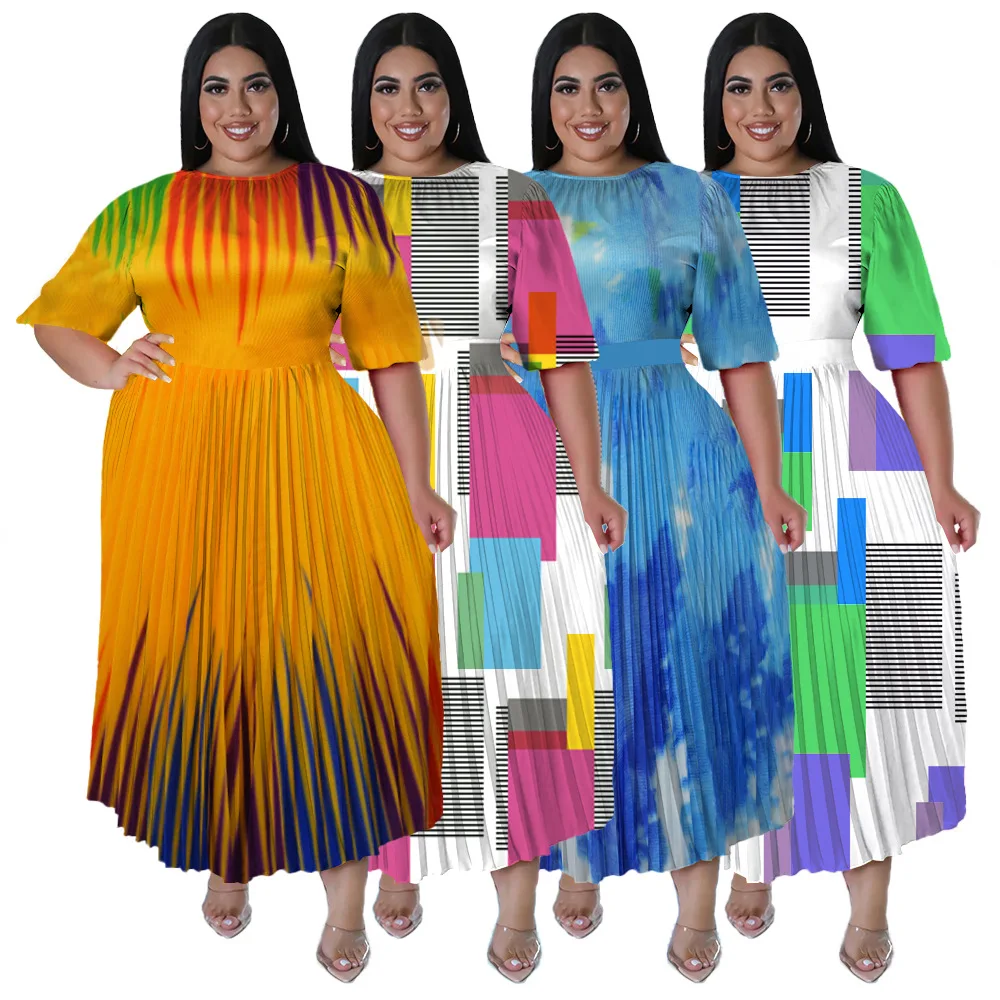 high quality women summer clothes Digital positioning printing pleated crew neck long casual dress