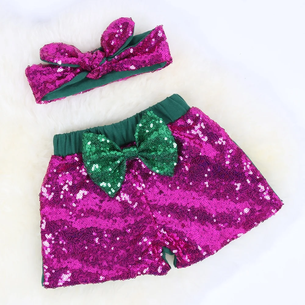 Rainbow Baby Girls Sequin Shorts Summer Toddlers Birthday Short Pants Glitter On Both Side With a Rabbit Headband Casual Outfits