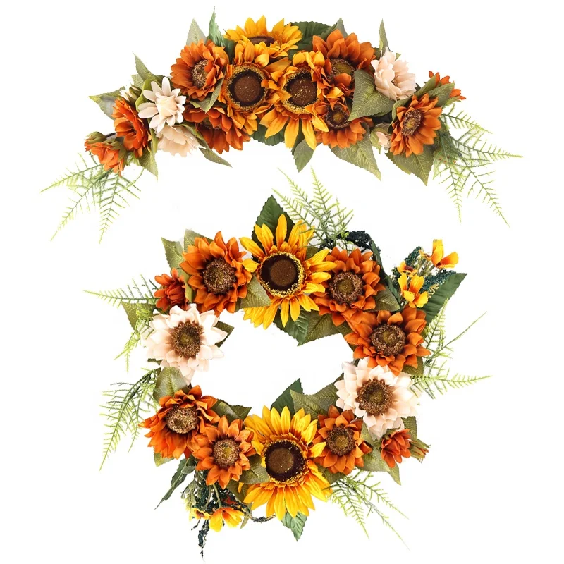 16 Inch Summer Fall Wreaths Artificial Yellow Sunflower Wreath For Front Door Indoor Outdoor Wall  All Year Around Flower Leaf