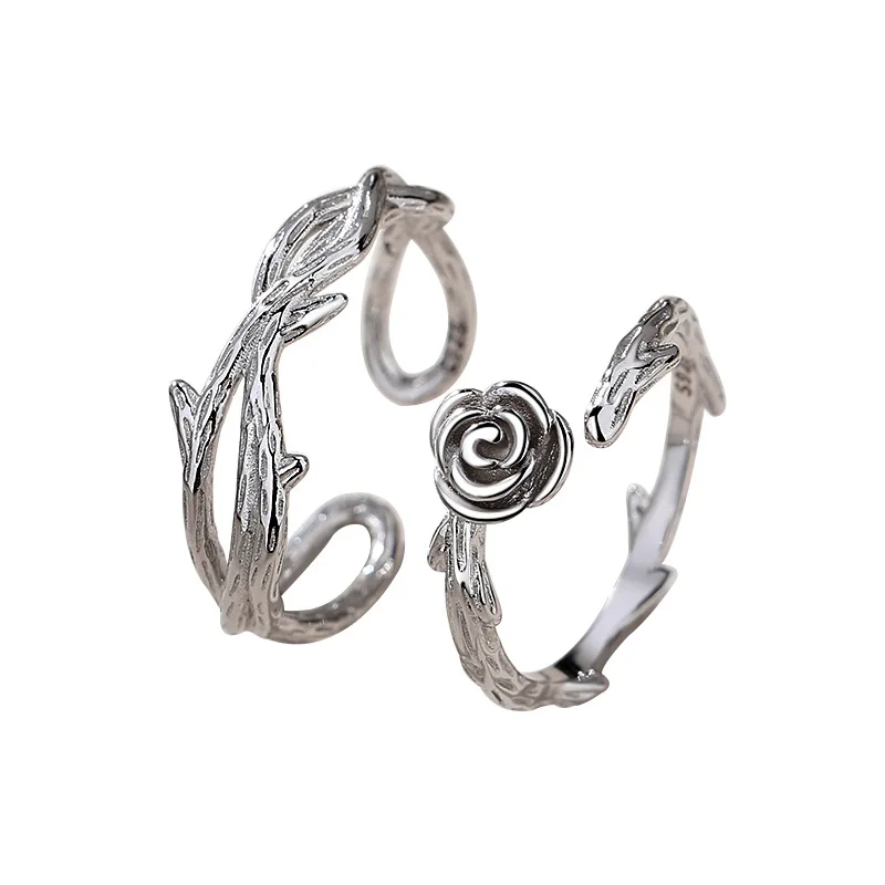 Romantic retro 925 Sterling silver rose shaped couple ring for woman and man