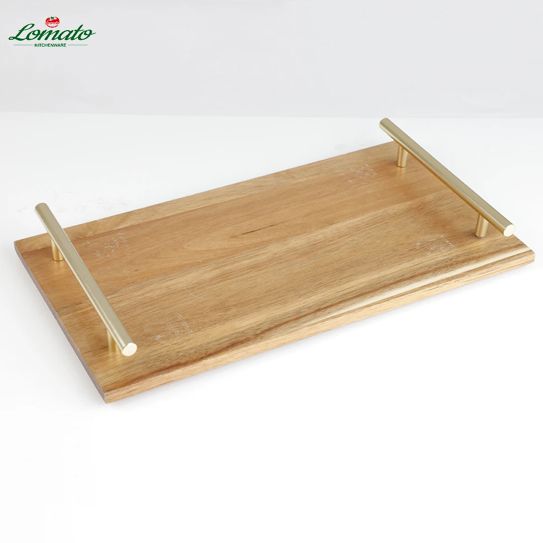 wholesale Factory Sale Premium Natural walnut acacia wooden trays with golden handles for breakfast
