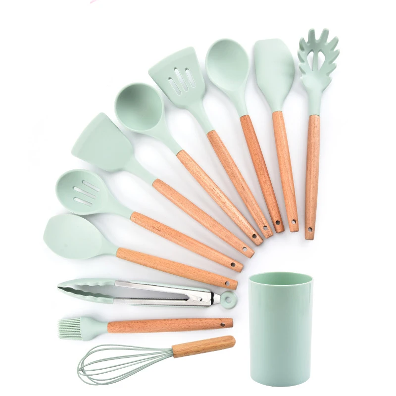 12PCS Kitchen Accessories Silicone Wooden Cooking Utensil Set With Holder Kitchen Utensils