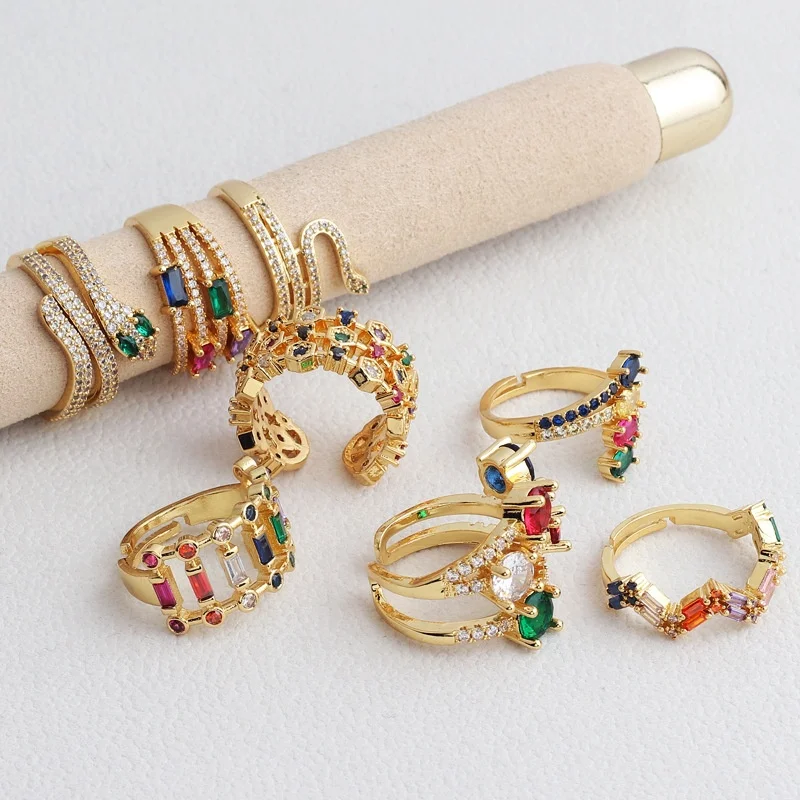 18K Gold Plated Cubic Zirconia Rings Adjustable Open Shiny Rainbow CZ zircon Stone Paved Stackable Eternity Wedding Band Ring