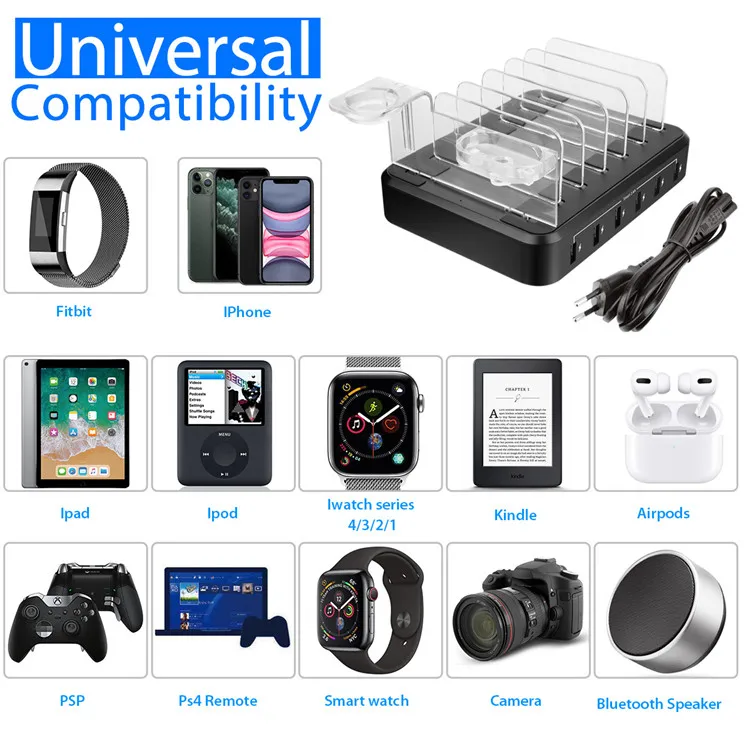 Upgraded 12A 6 Port USB Phone Charging Station for Multiple Devices iPhone iPad Watch Airpods