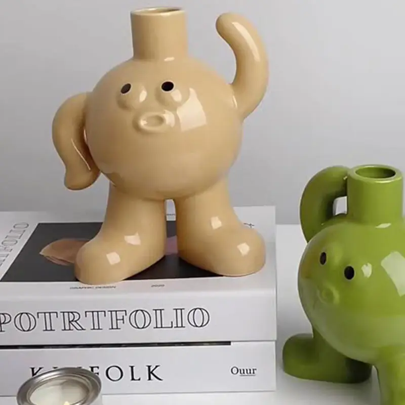 Wholesale Custom Cute Ins Style Big Feet Doll Figure Macaron Green Yellow Beige Color Bud Ball Ceramic Small Vase
