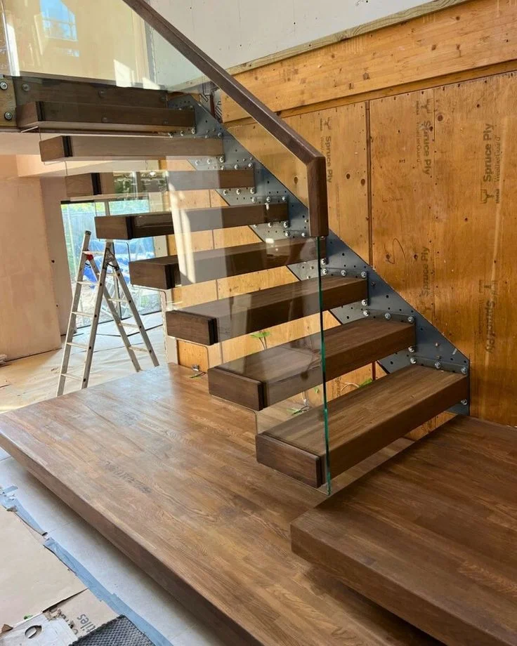 Prefab floating staircase modern carbon steel mono beam beech/oak wood tread stairs indoor/staircase design for houses
