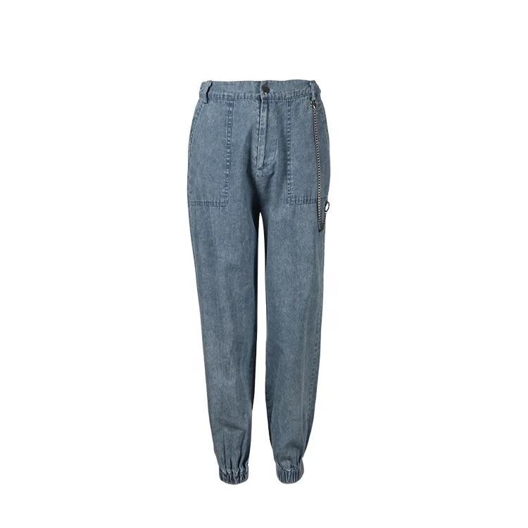 
Daily wear soft breathable wash women oversized harem denim trousers jeans with chain 