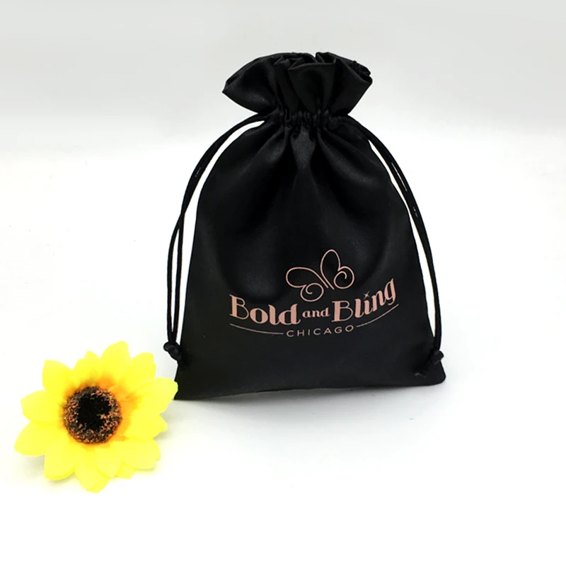 custom logo printed  satin fabric drawstring hair extension packaging wig bag