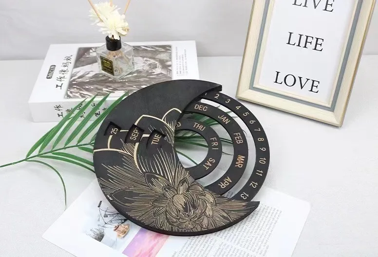 Round rotating wooden perpetual laser engraved wall decoration moon hanging calendar