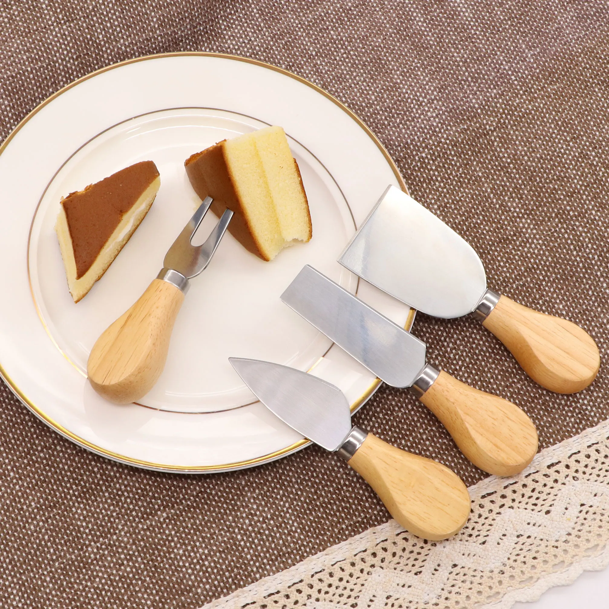 KingForce 4 pc cheese cutter set wooden handle for cake cheese pizza knife server  with gift box