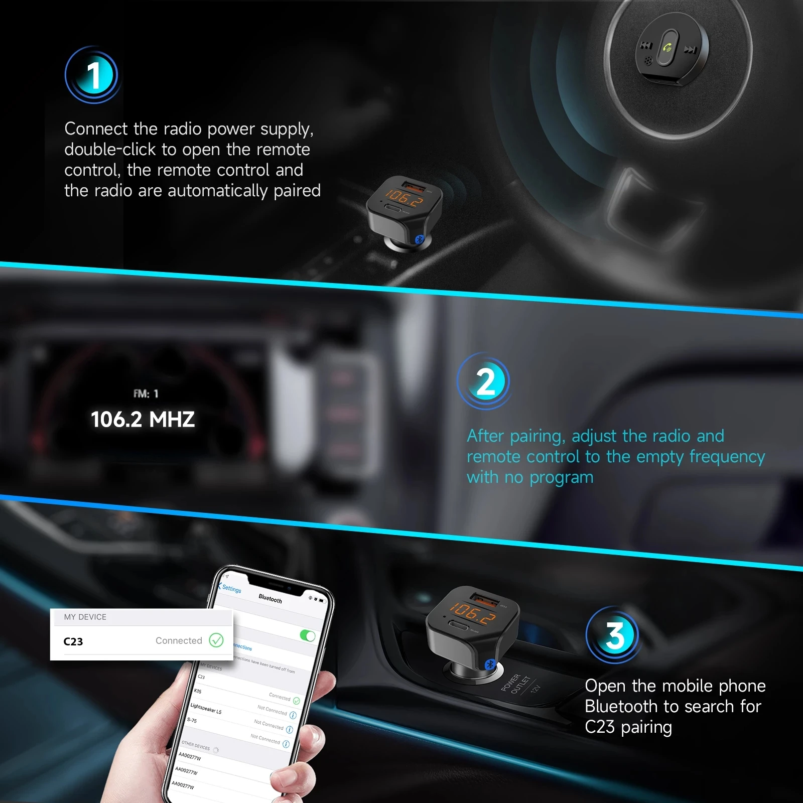 FM Transmitter BT Car MP3 Stereo Player Wireless Handsfree Car Kit with Fast USB Charger FM Radio Remote Control