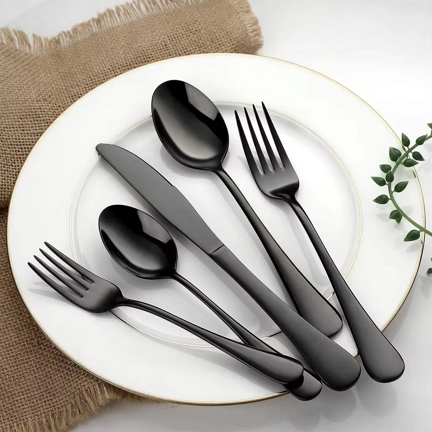 Popular Knife Tea Spoons Fork Hotel Reusable Stainless Steel Cutlery Sets Korean Style Food Dinnerware Royal Black Flatware Sets