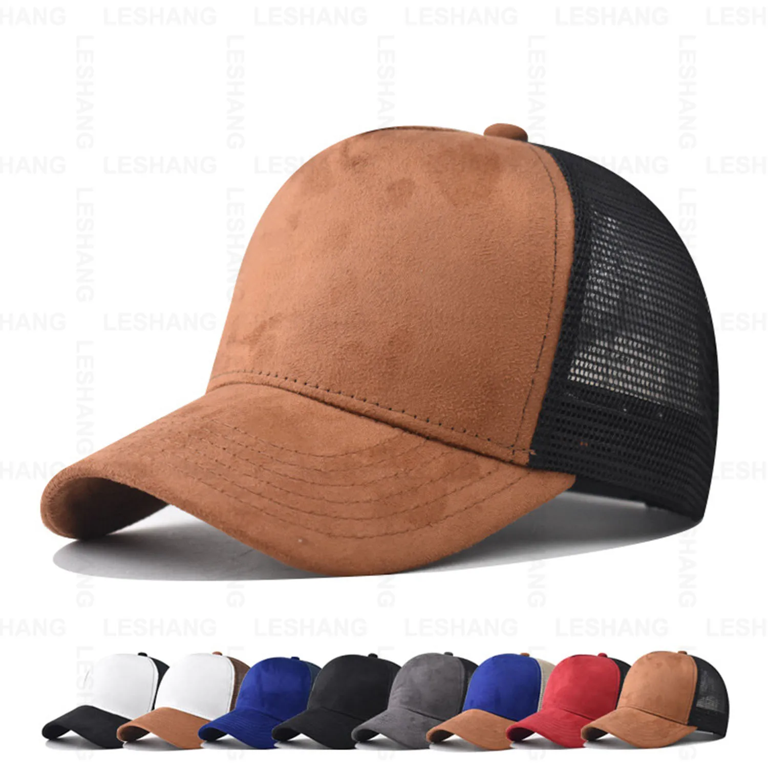 Hot Sale Custom Embroidery Logo 2 Two Tone Curved Brim Suede Baseball Caps Suede 5 Panel Mesh Trucker Hats