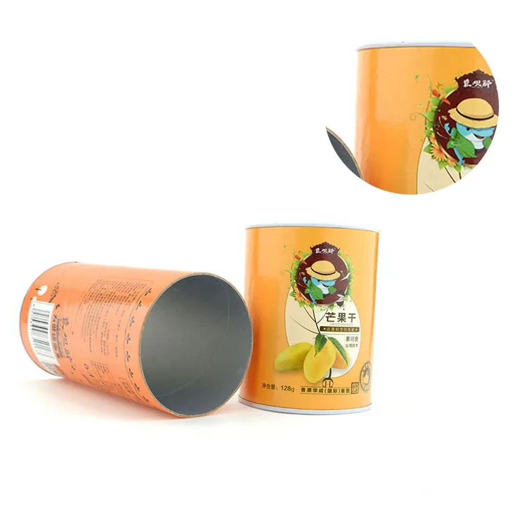 Wholesale custom logo 128g recycled dried fruit packaging tube can food packaging paper with foil inside tube with metal lid