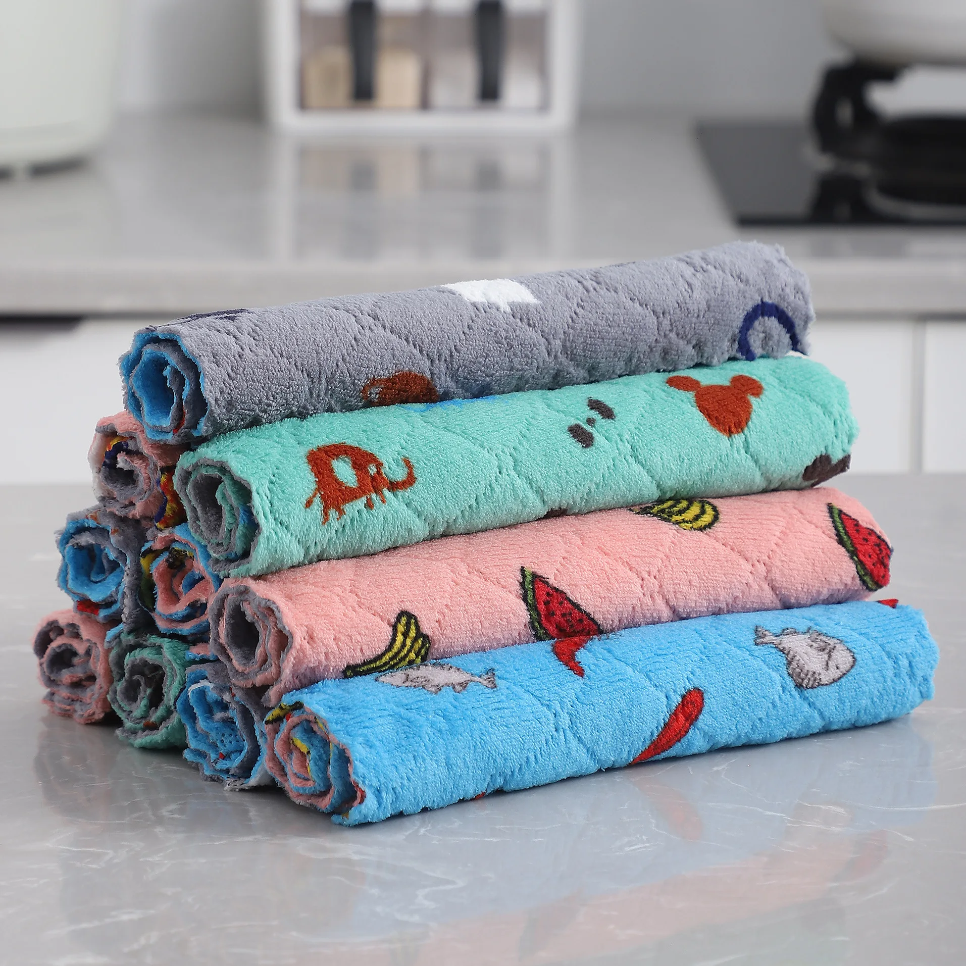 Custom Premium Super Absorbent Double-sided Colors Microfiber Coral Fleece Kitchen Dish Rag Cleaning Cloths Towels for Household