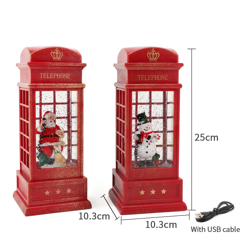 Phone Booth Swirling LED  Water Glittering Musical Battery Operated Festival Ornament for Christmas snowman and santa claus
