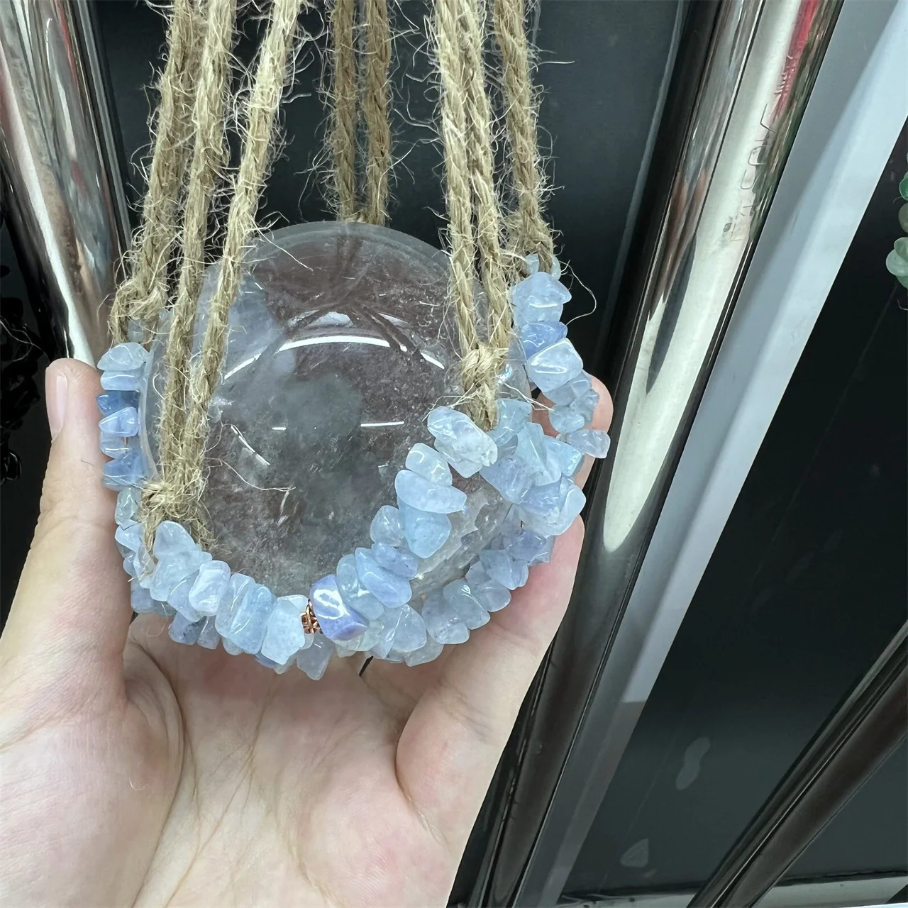 Natural Crystal Chip Hand Made String Bag Healing Stone Amethyst Net Bag Ball Holder For Crystals Sphere