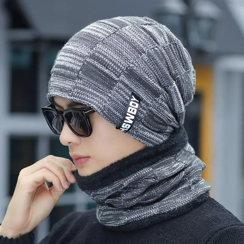 H30 Men Thick Wool Neck Scarf Cap Bonnet Hats Sets Winter Beanie Hat Men Knitted Ski Caps Winter Cap Beanie