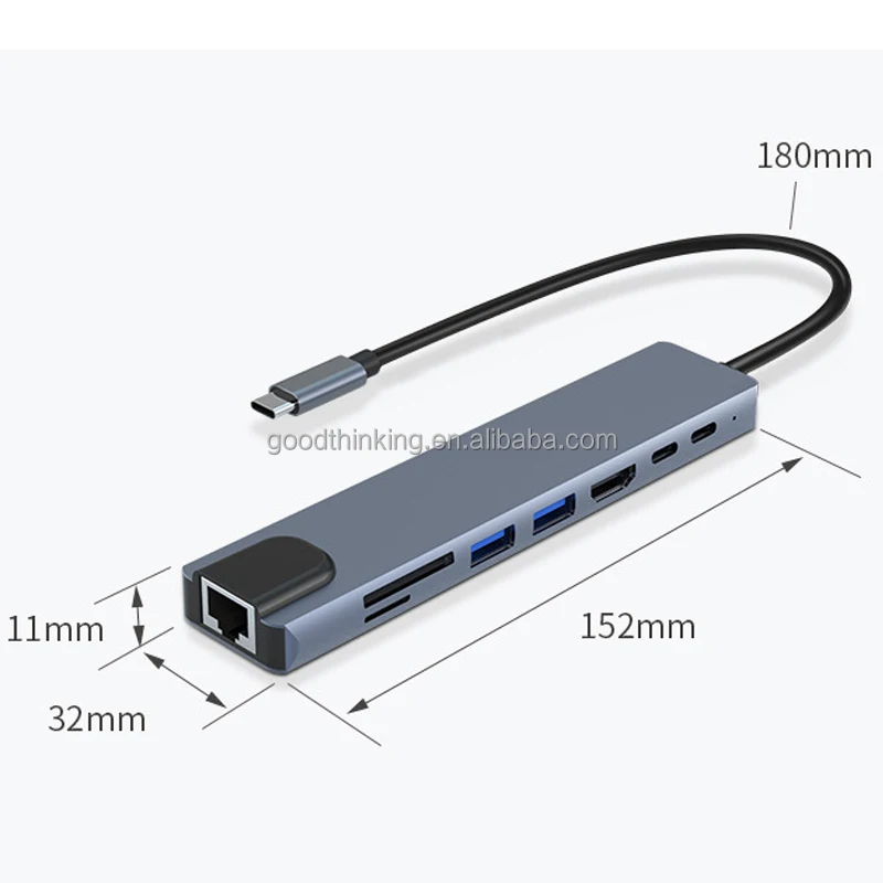100M RJ45 port USB 3.0 PD 100W Fast charge TF SD 4k TV for hdmi 8 in 1 type c usb hub with gigabit ethernet 8 port