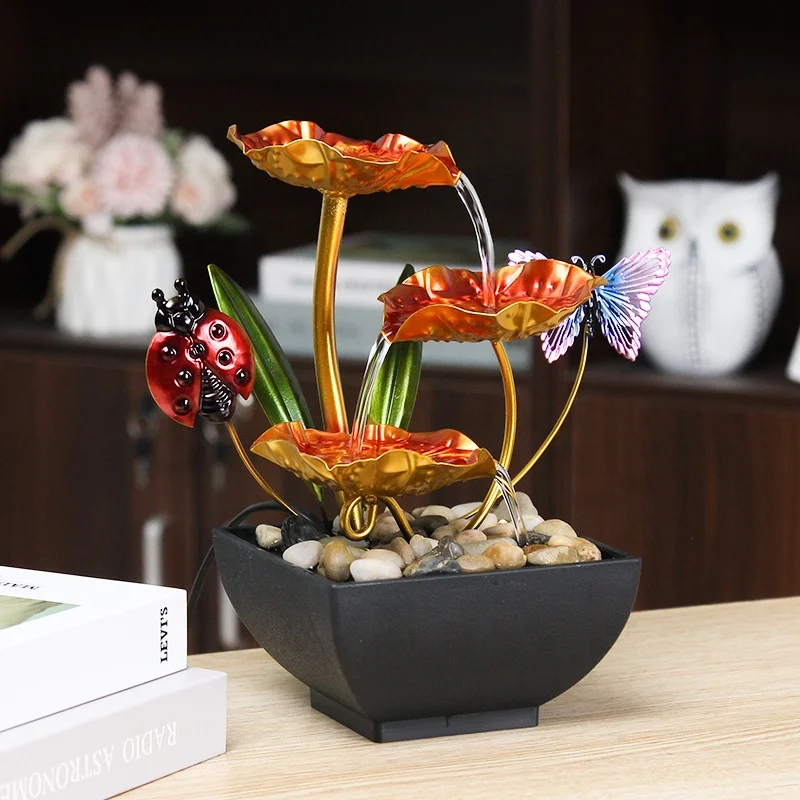 3 Tier Lotus Metal Tabletop Water Fountain Ladybug Butterfly USB-Powered Waterfall Decoration for Home and Office Decor