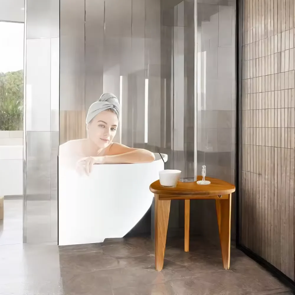 Contemporary Acacia Corner Shower Stool Small Space Bathroom Furniture for inside Shower Use