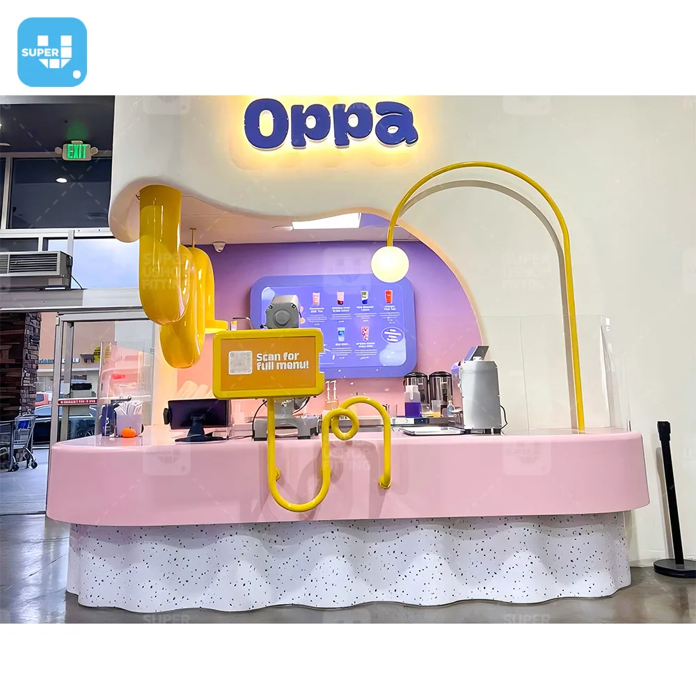 Modern Retail Cafe Shop Interior Design Sweets Coffee Counter Boba Tea Store Display Decoration Custom Bubble Tea Mall Kiosk