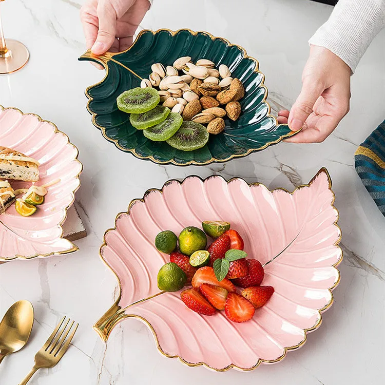 Unique fruit salad dishes leaf shaped ceramic dessert plate gold rim serving plates set for home decor
