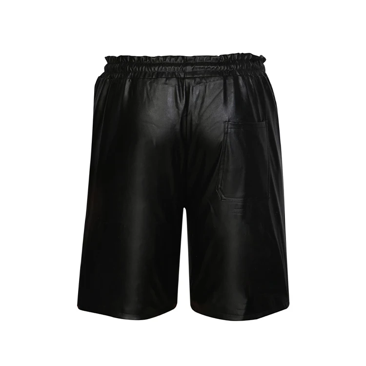 Streetwear faux leather shorts custom logo drawstring waist black color casual shorts for men