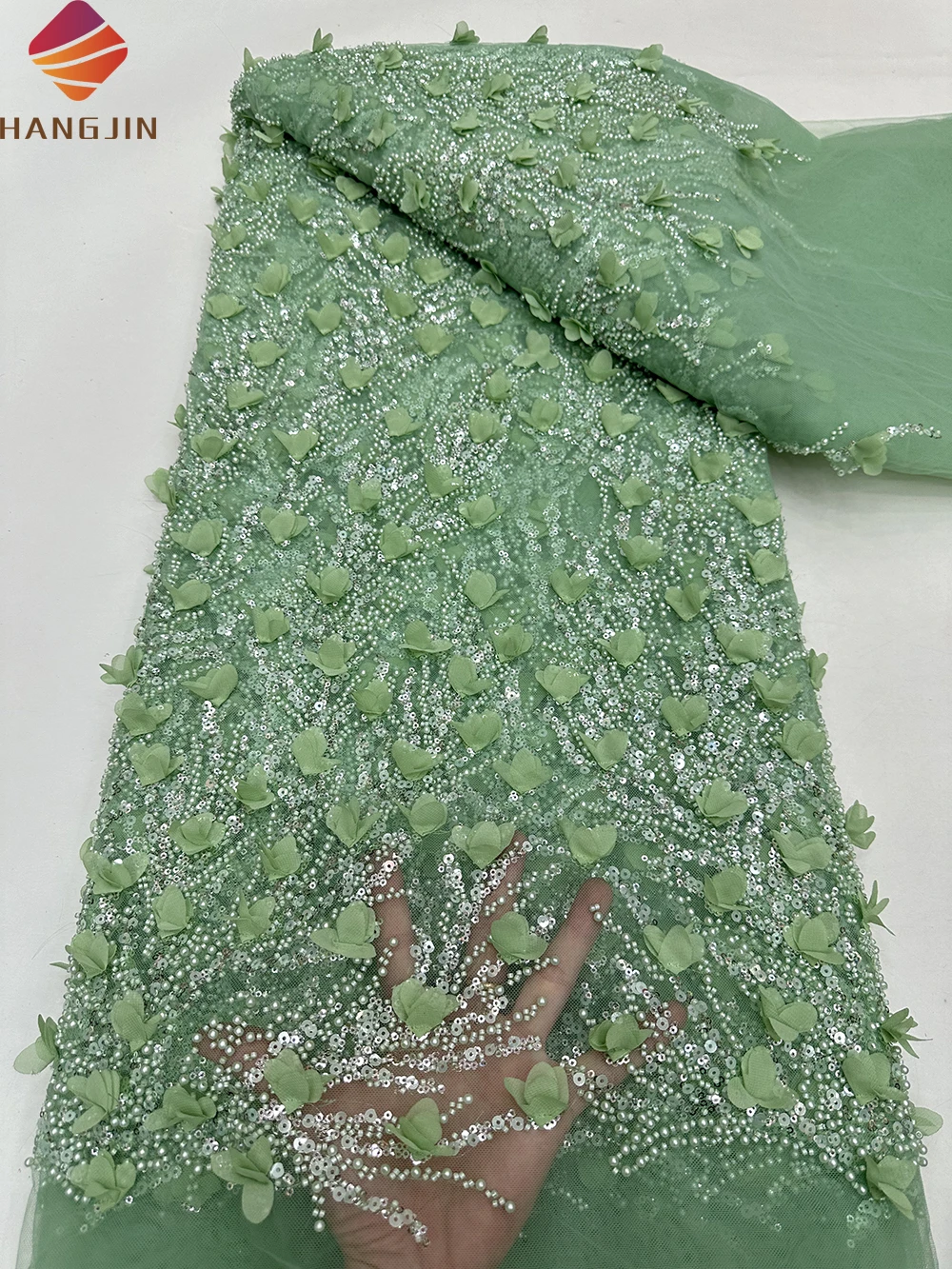 White High Quality African Beaded Sequins 3D Flowers Embroidered Lace Fabric French Tulle Beads Lace Fabric For Bridal Dress