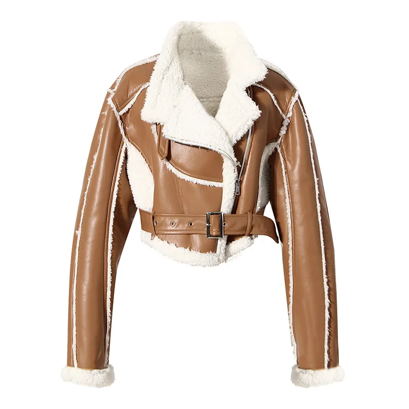 Women Winter Faux Leather Shearling Fleece Cropped Motorcycle Jacket