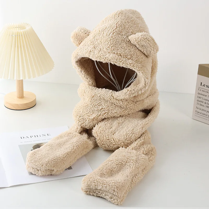 Winter bear thick ear warm hat scarf gloves 3-in-1 plush hat