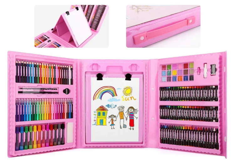 2021 Amazon top seller  208 Piece Non-Toxic Plastic Case Kids Painting Drawing Art Set Coloring Book Stationery Set with easel
