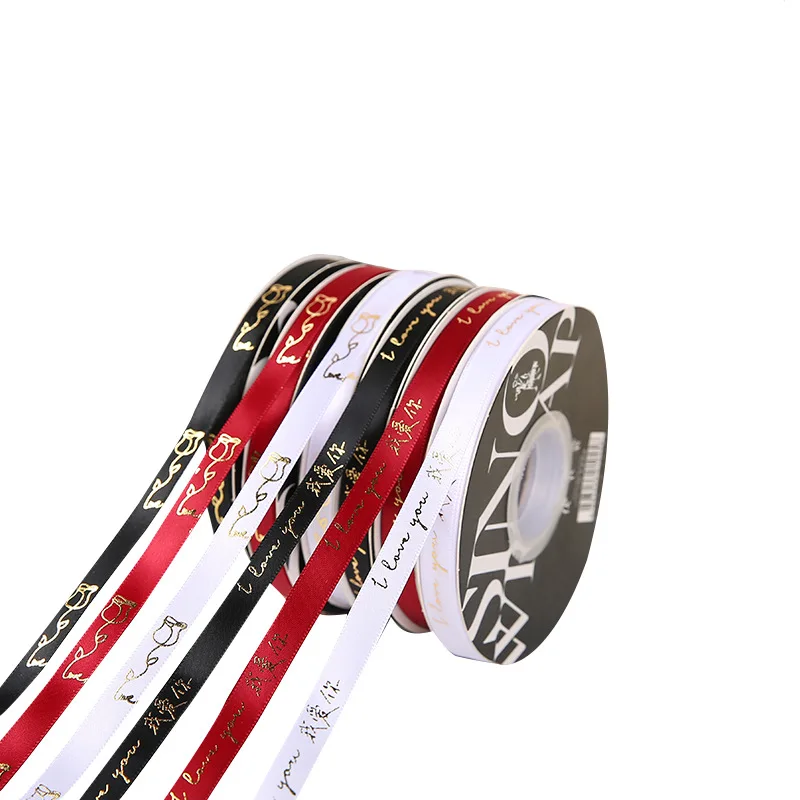 Custom gold foil 3d embossed printed gift polyester satin ribbon with logo Gift Packaging Ribbon Embossed logo ribbon